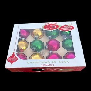 Vintage Coby American Made Glass Christmas Ornaments/Balls (12) Multi Colors Box